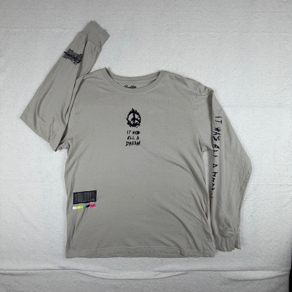 Brooklyn Cloth Mens Large Tan Long Sleeve Graphic Tee Free Your Mind Butterfly
